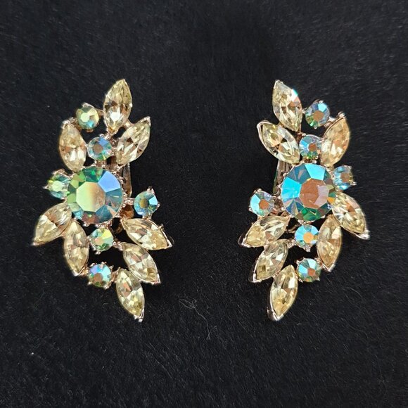 Bold Yellow & Aurora Borealis Rhinestone Floral Earrings – Statement Sparkle - Picture 5 of 10